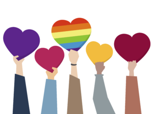 Illustration of diverse people holding hearts